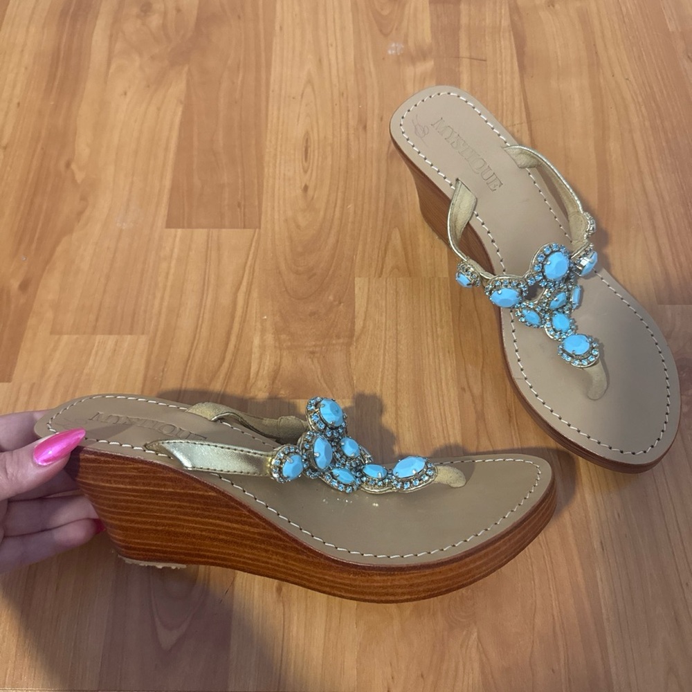Mystique Boutique Gold Wedge Sandals with Turquoise Stones